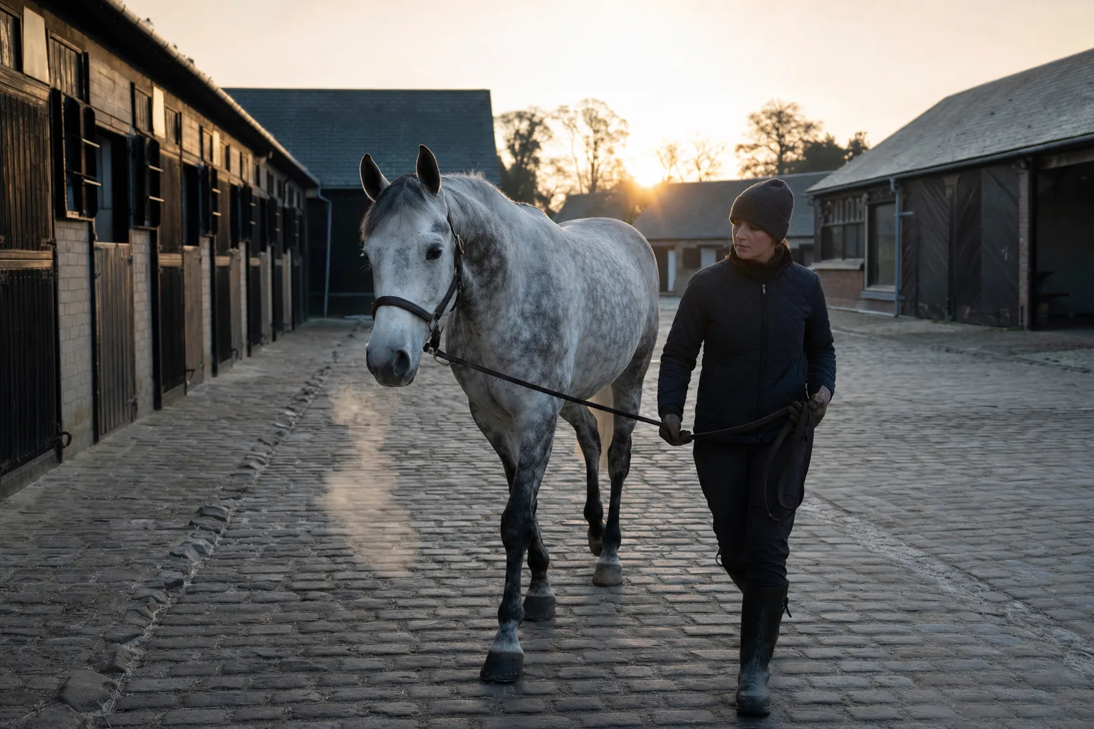 A grey horse being led across a stable yard on a frosty morning