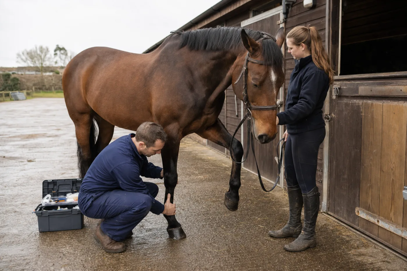 A vet examining a horse's foreleg in a stable yard